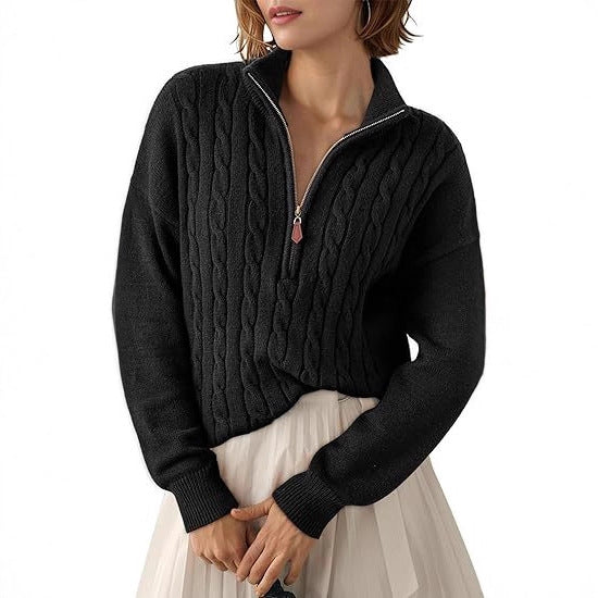 Pull Torsadé en Grosse Maille à Col Montant et Demi Zip pour Femme