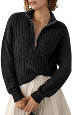 Pull Torsadé en Grosse Maille à Col Montant et Demi Zip pour Femme