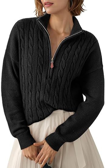 Pull Torsadé en Grosse Maille à Col Montant et Demi Zip pour Femme