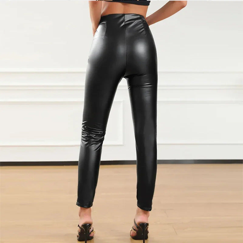 Pantalon Taille Haute Moulant en Simili Cuir avec Zip pour Femme