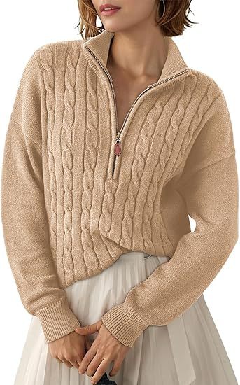 Pull Torsadé en Grosse Maille à Col Montant et Demi Zip pour Femme