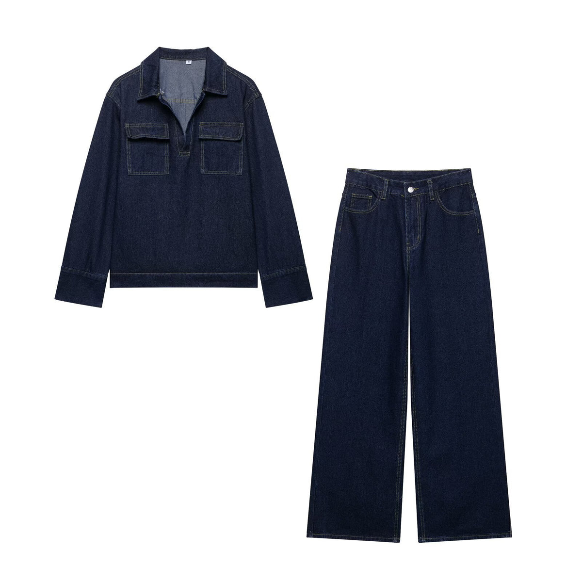 Pantalon Large et Long en Denim à Coutures Apparentes pour Femme