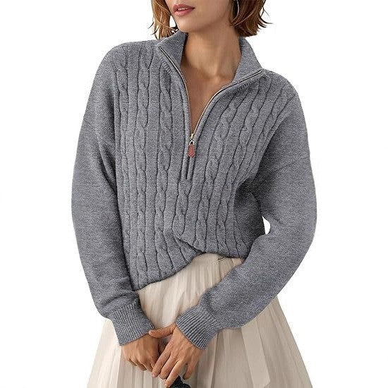 Pull Torsadé en Grosse Maille à Col Montant et Demi Zip pour Femme