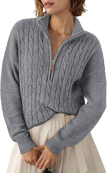Pull Torsadé en Grosse Maille à Col Montant et Demi Zip pour Femme