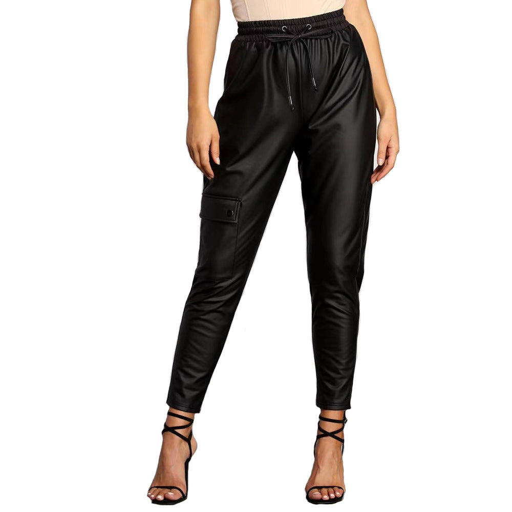 Pantalon Cargo en Simili Cuir à Taille Élastique pour Femme