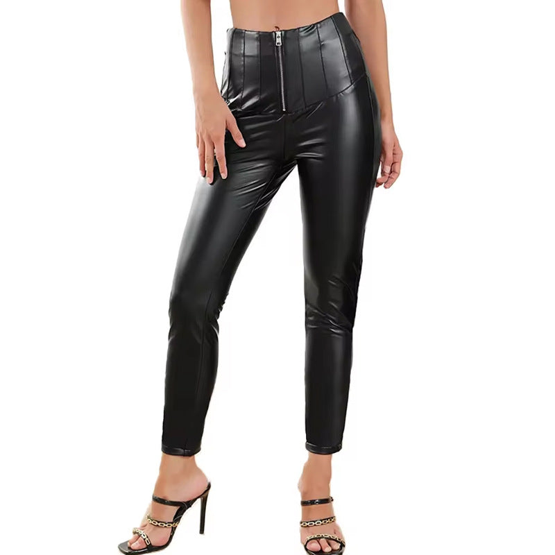 Pantalon Taille Haute Moulant en Simili Cuir avec Zip pour Femme