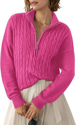 Pull Torsadé en Grosse Maille à Col Montant et Demi Zip pour Femme