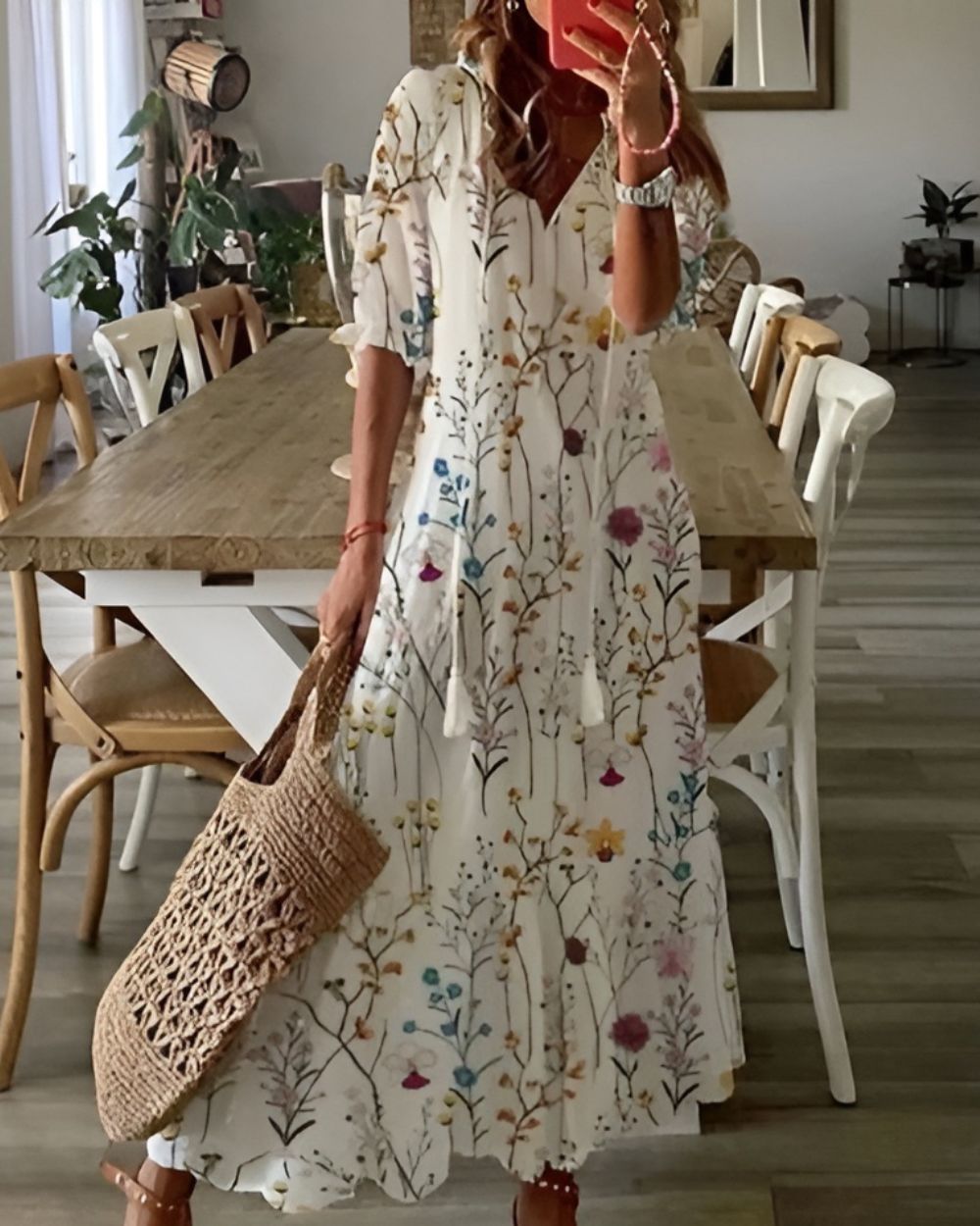 Robe longue à motifs à col V pour femmes