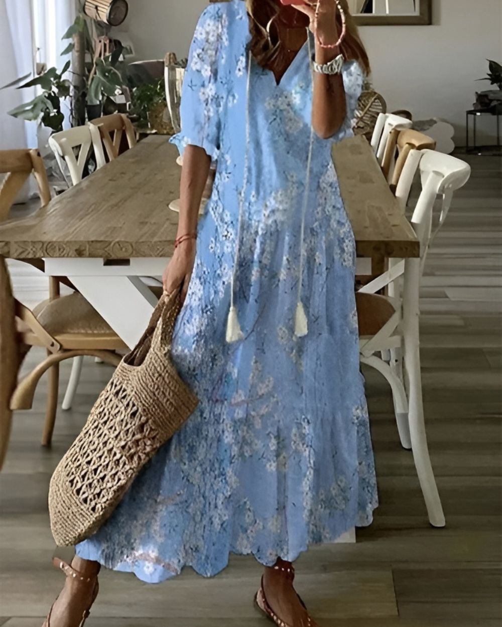 Robe longue à motifs à col V pour femmes