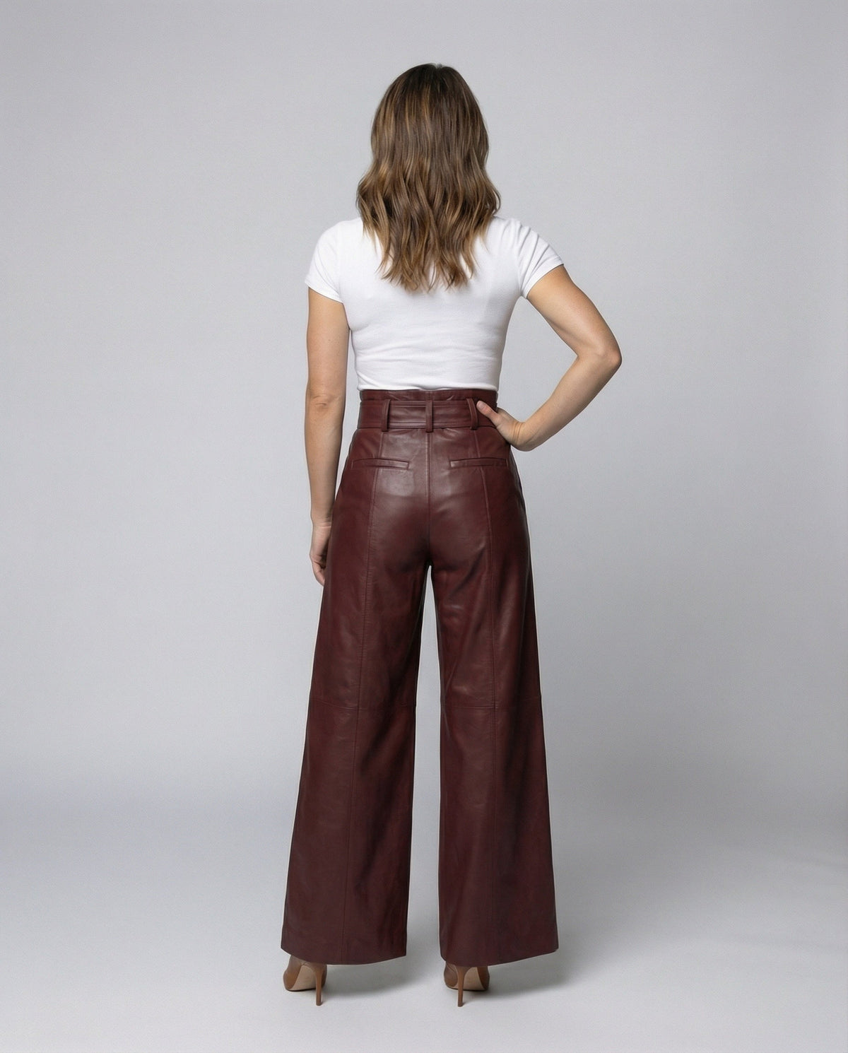 Pantalon Large Taille Haute en Simili Cuir avec Ceinture pour Femme
