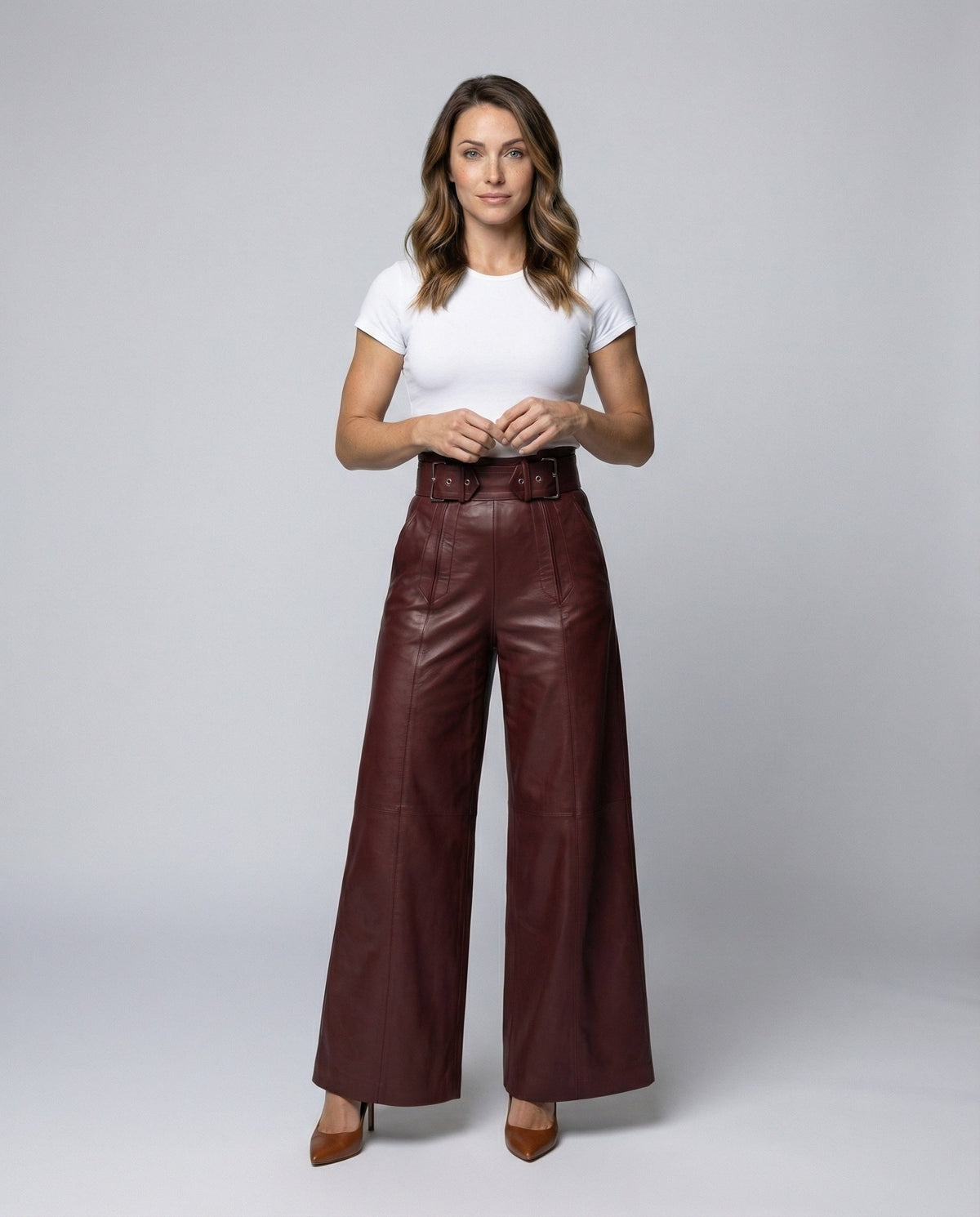 Pantalon Large Taille Haute en Simili Cuir avec Ceinture pour Femme