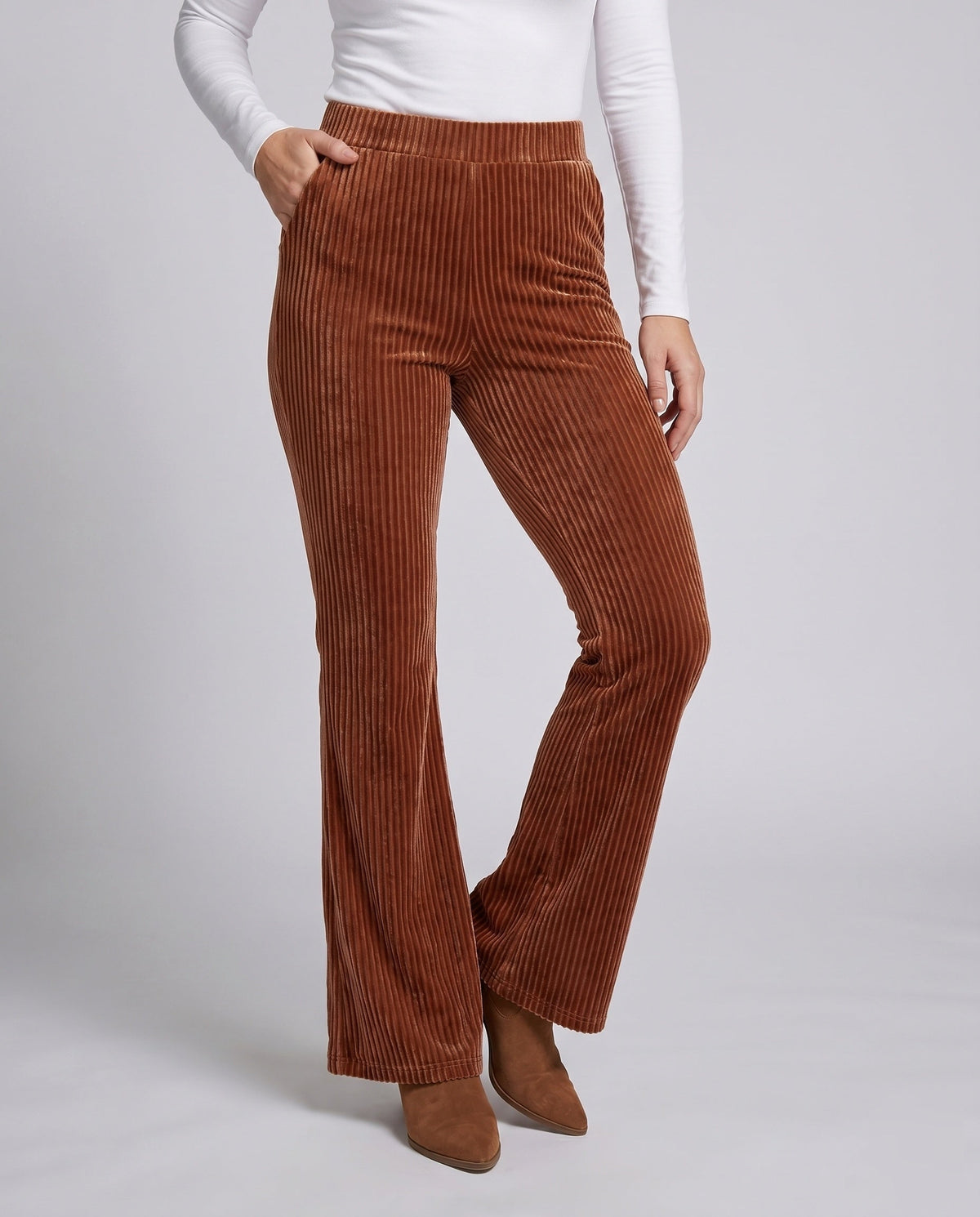 Pantalon Taille Haute en Velours Côtelé et Coupe Évasée pour Femme