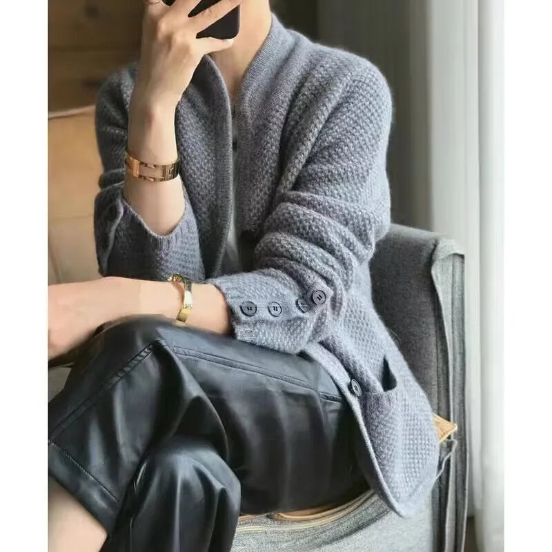 Wool Cardigan with High Collar for Women