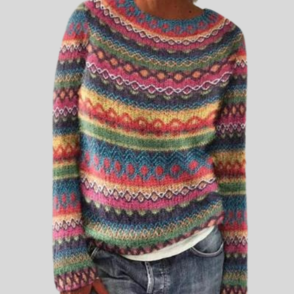 Pull à Motif Jacquard Multicolore et Col Rond pour Femme
