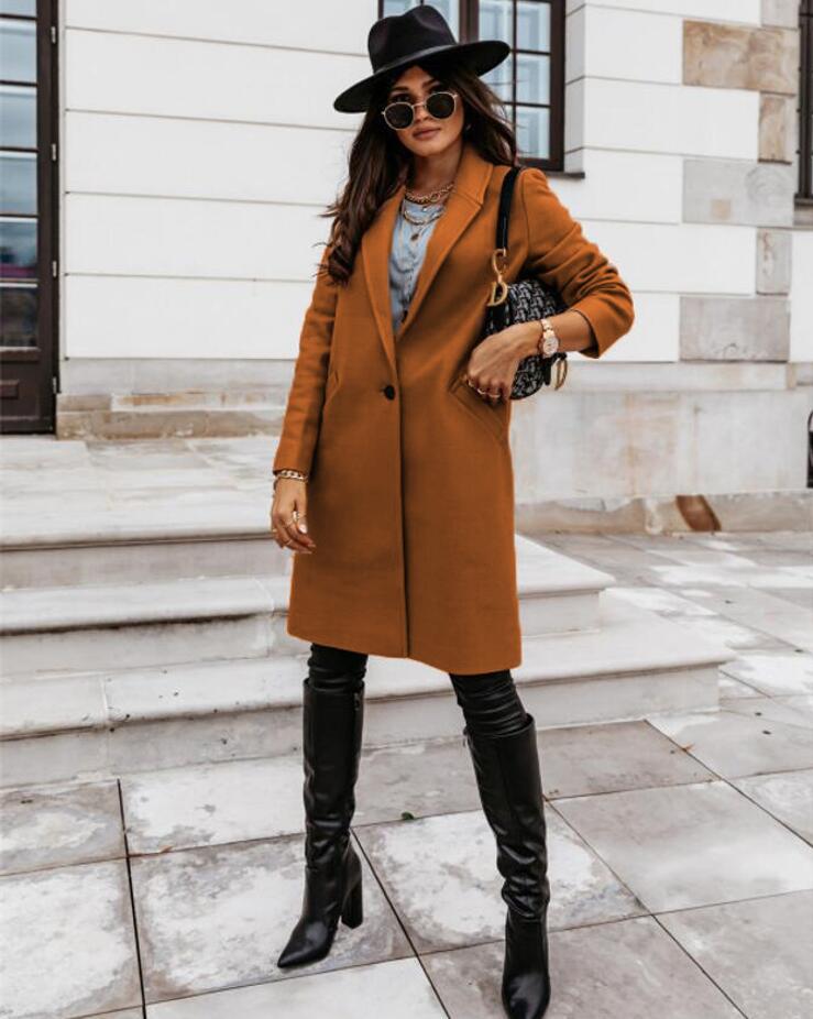 Manteau Long Casual avec Col Revers pour Femmes