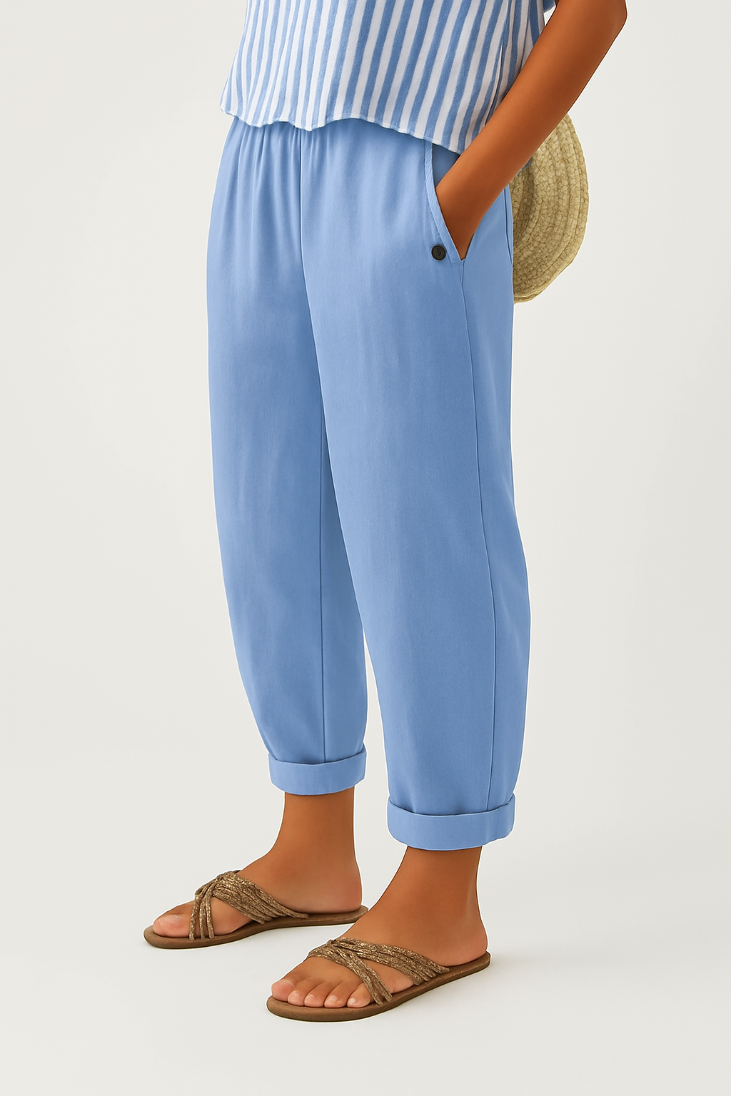 Pantalon à Jambe Large Taille Élastique en Lin pour Femme