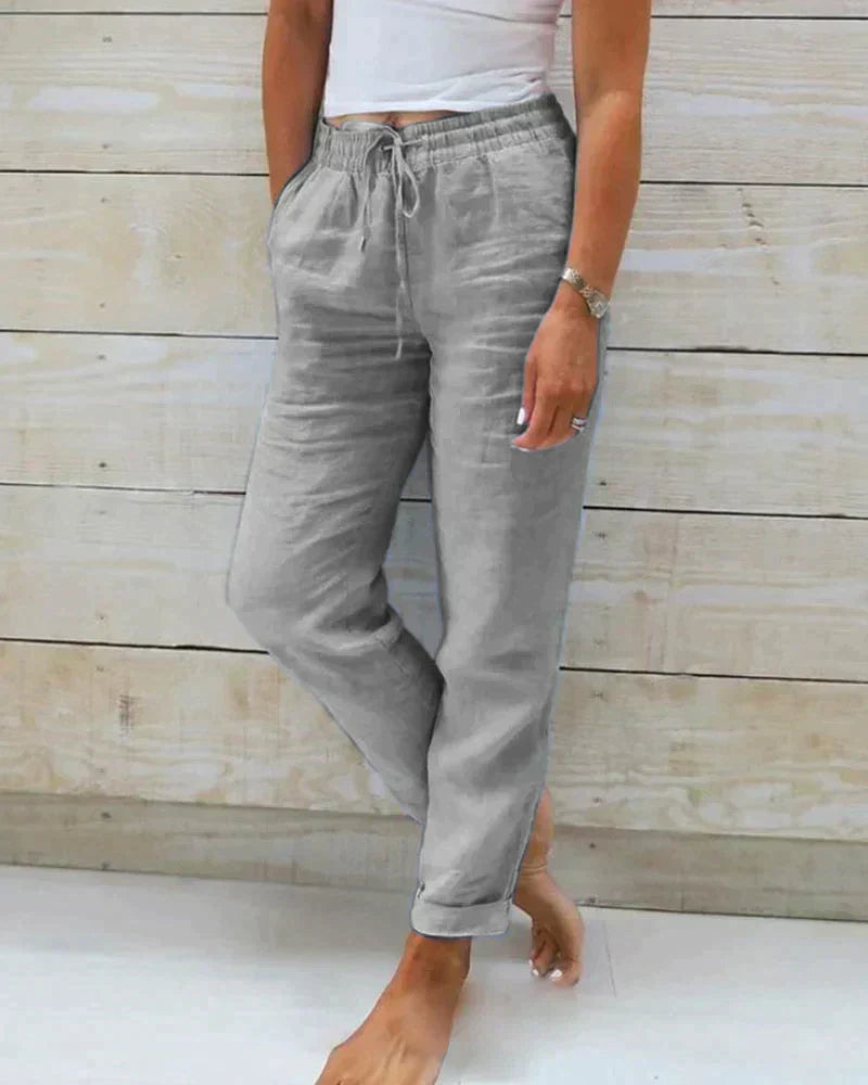 Pantalon Décontracté Taille Haute en Coton et Lin pour Femme