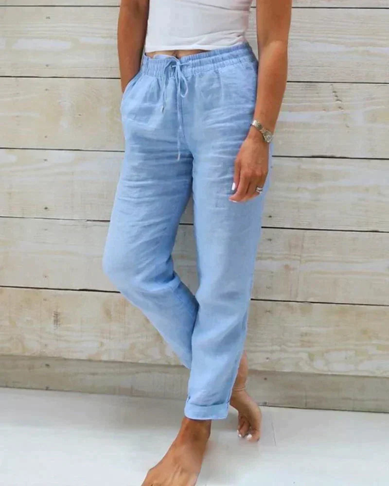 Pantalon Décontracté Taille Haute en Coton et Lin pour Femme