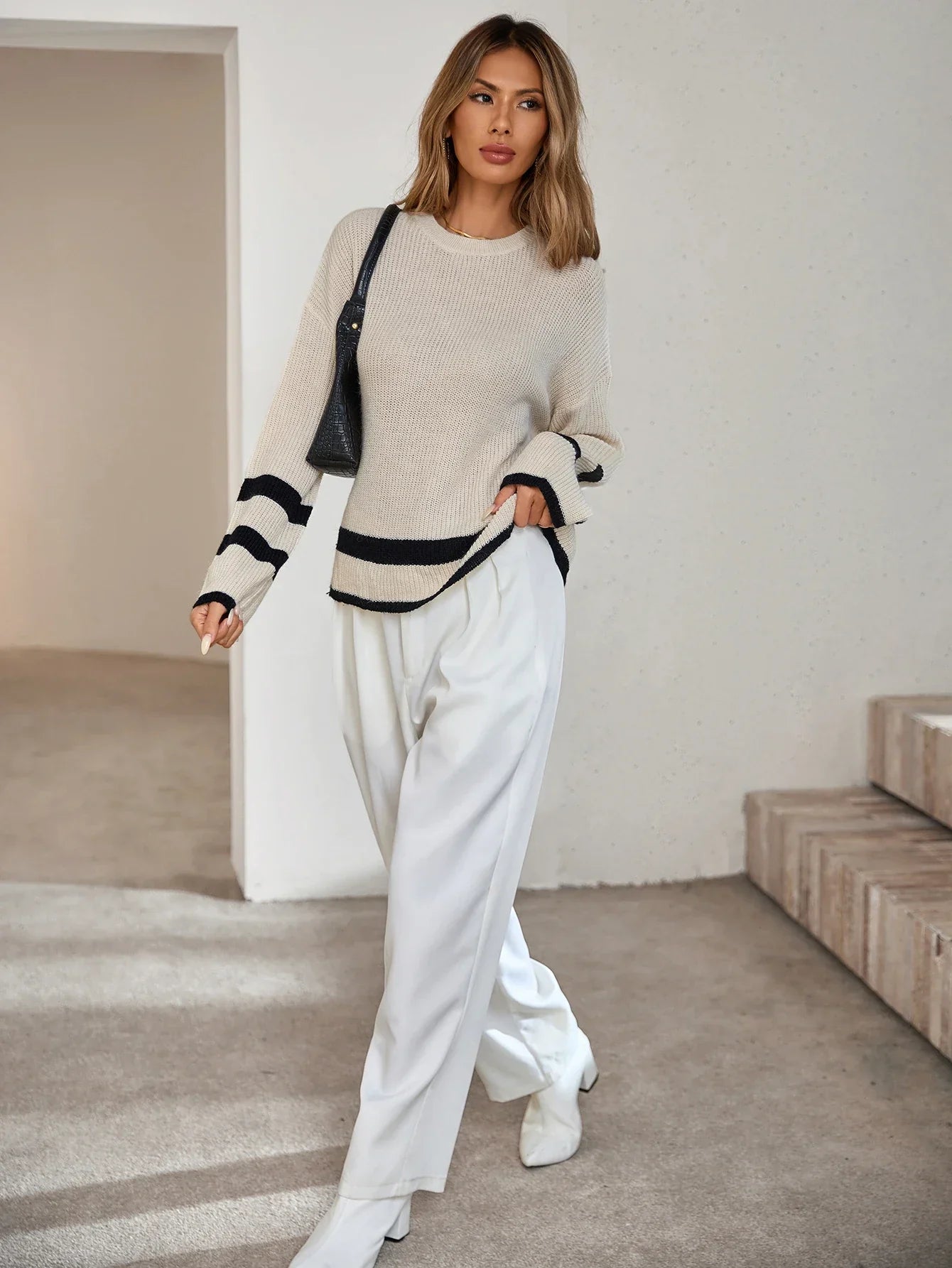 Pull-over beige à manches longues pour femmes