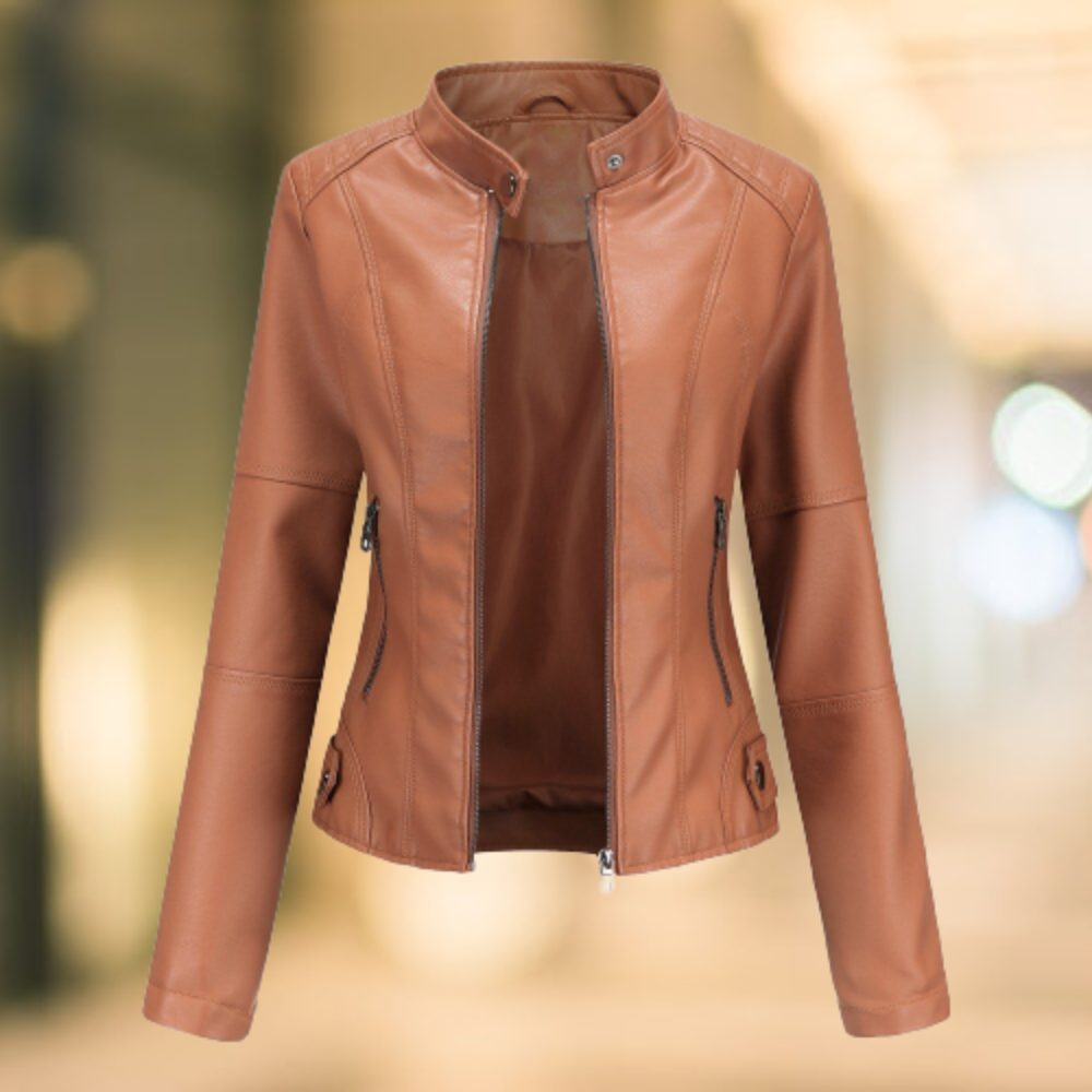 Veste Chic en Cuir Vegan à Col Montant pour Femmes