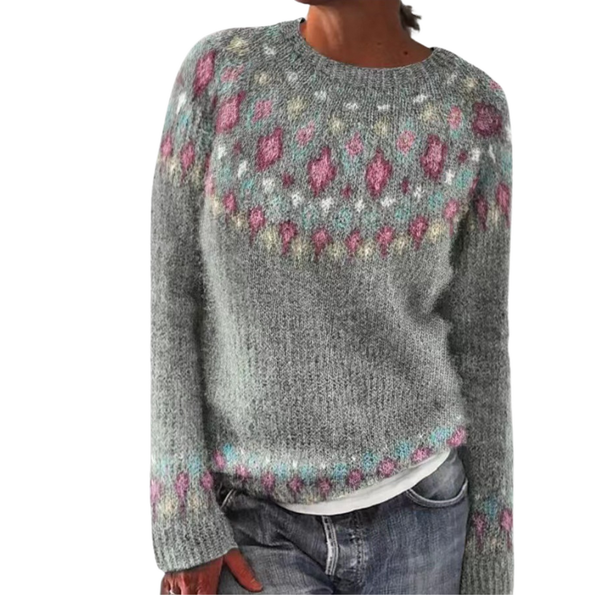 Pull Oversize Jacquard à Col Rond et Manches Longues pour Femme
