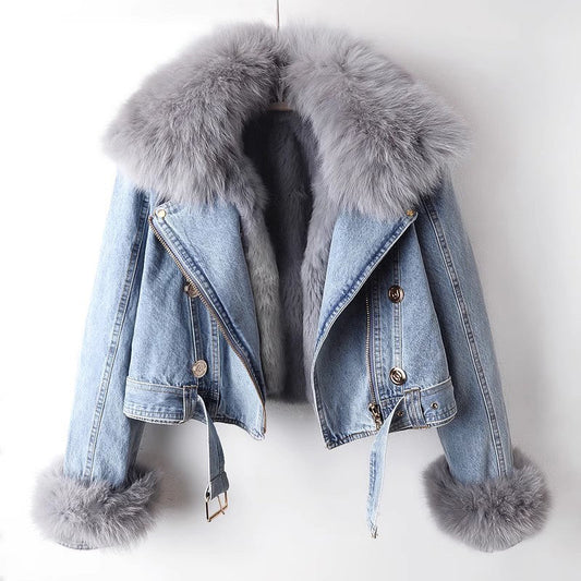 Veste en Denim à Col en Fausse Fourrure pour Femmes