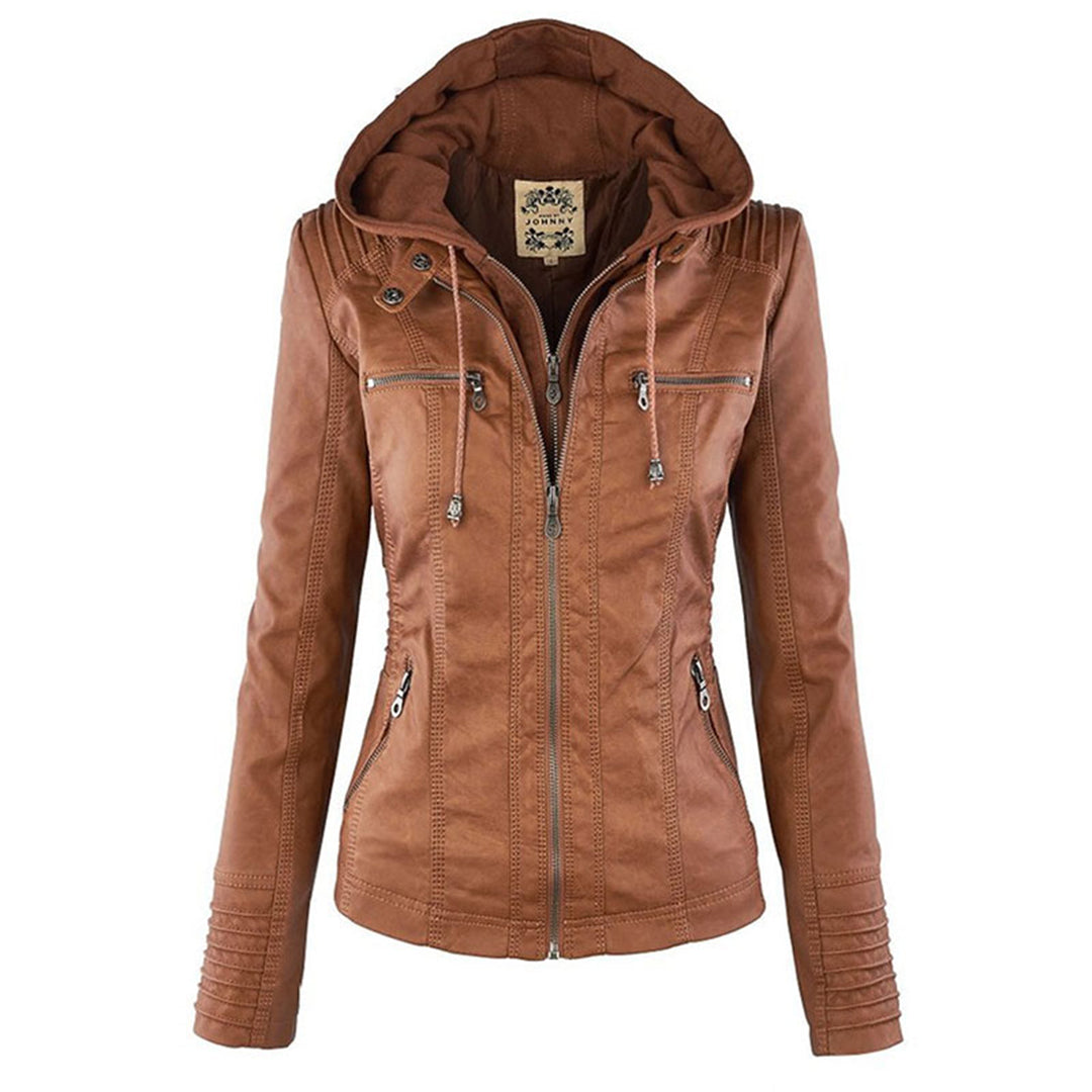 Hooded Synthetic Leather Jacket for Women
