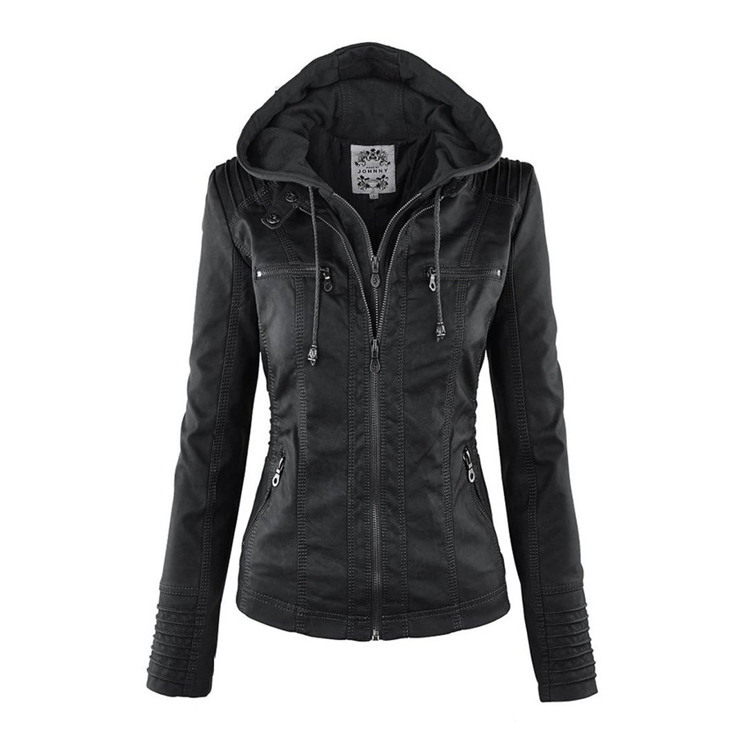Hooded Synthetic Leather Jacket for Women