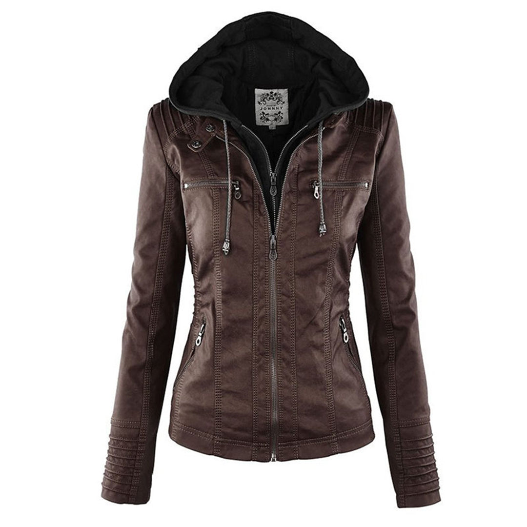 Hooded Synthetic Leather Jacket for Women