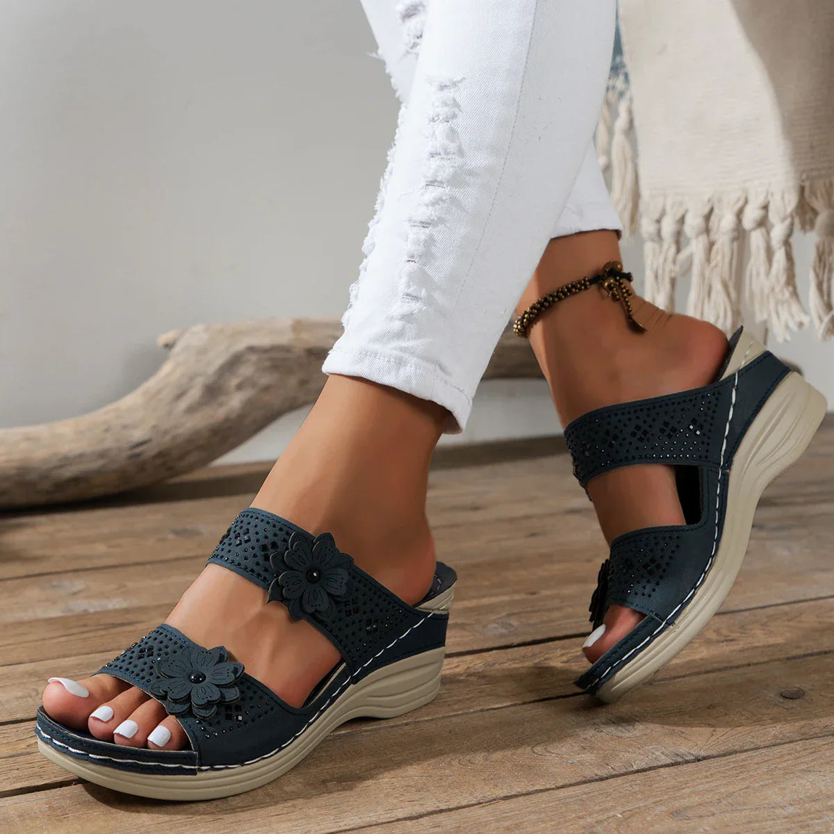 Sandales Compensées Détails Floraux pour Femmes