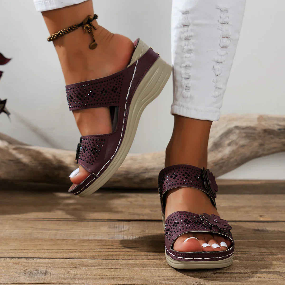 Sandales Compensées Détails Floraux pour Femmes