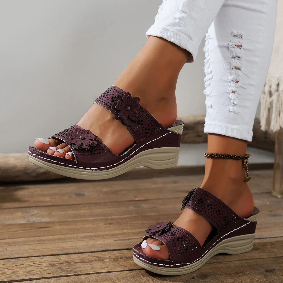 Sandales Compensées Détails Floraux pour Femmes