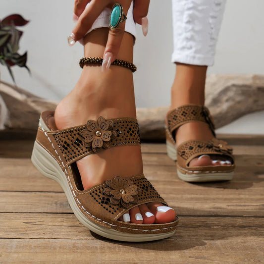Sandales Compensées Détails Floraux pour Femmes