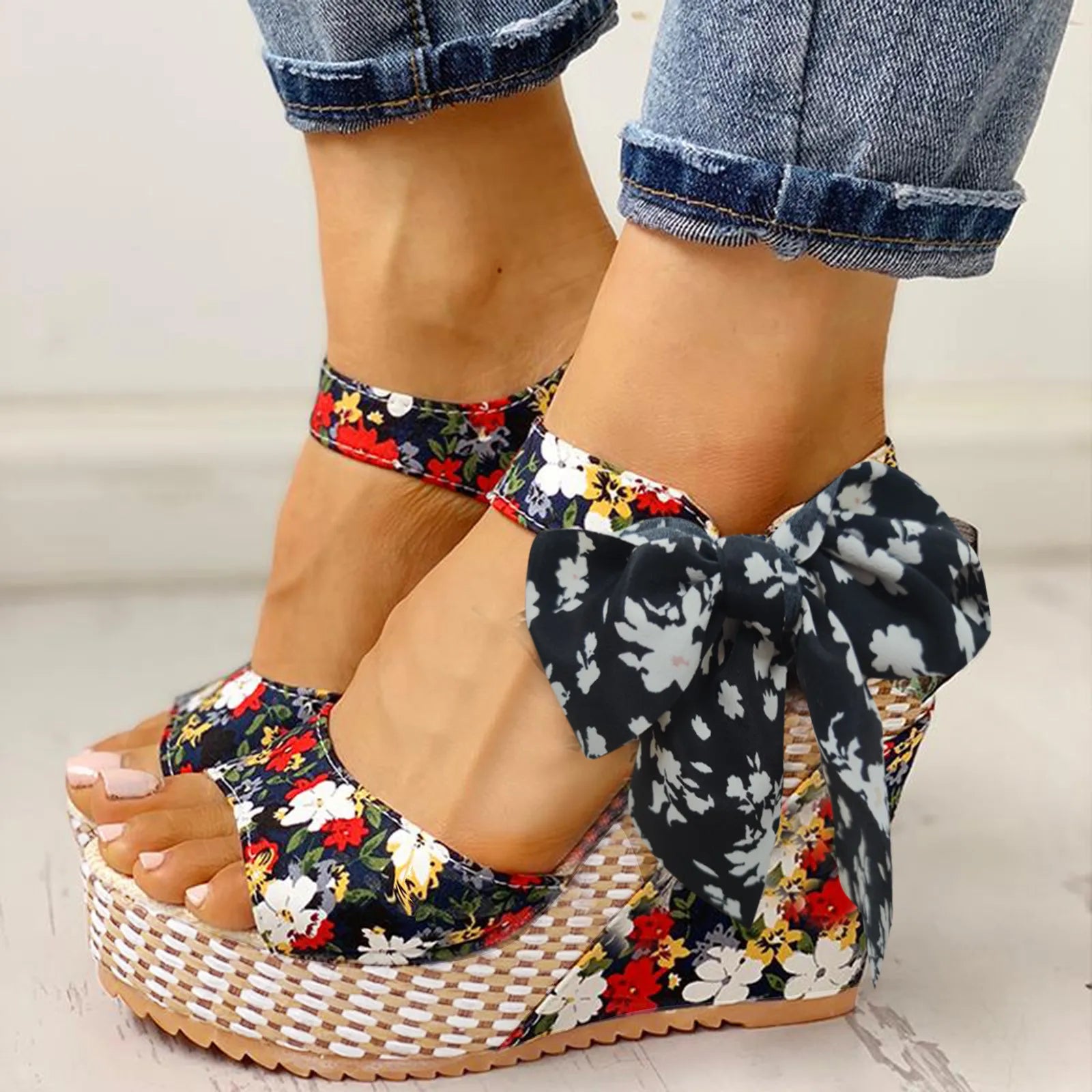 Sandales Compensées Imprimé Floral pour Femmes