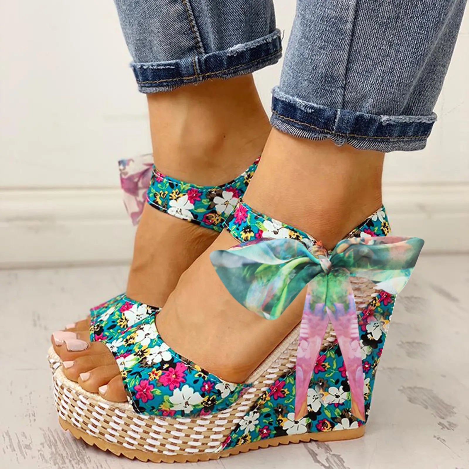 Sandales Compensées Imprimé Floral pour Femmes