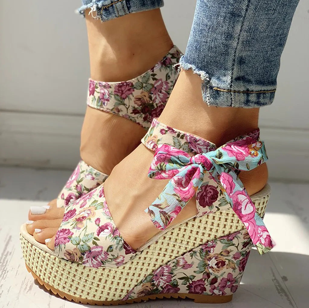 Sandales Compensées Imprimé Floral pour Femmes