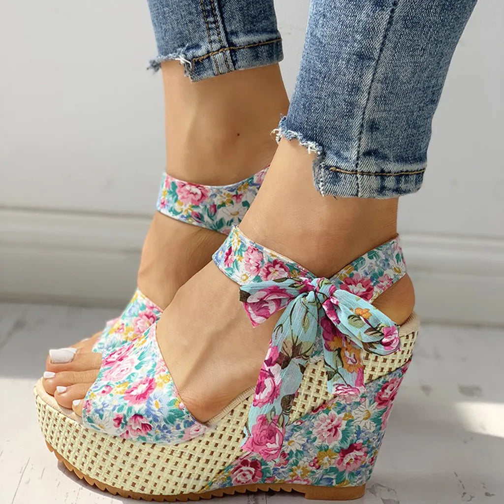 Sandales Compensées Imprimé Floral pour Femmes