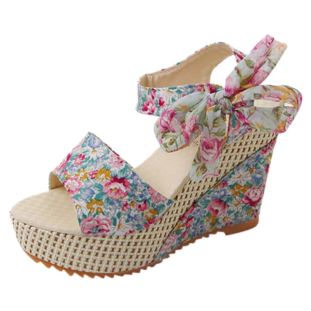 Sandales Compensées Imprimé Floral pour Femmes