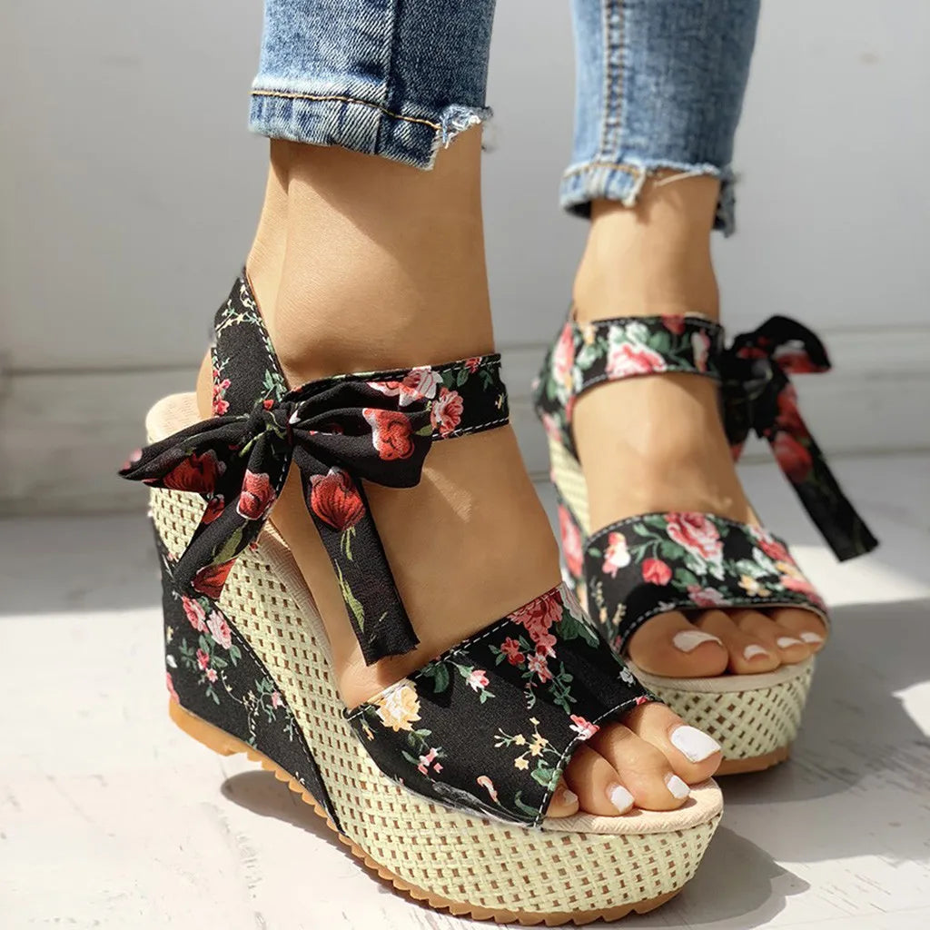 Sandales Compensées Imprimé Floral pour Femmes