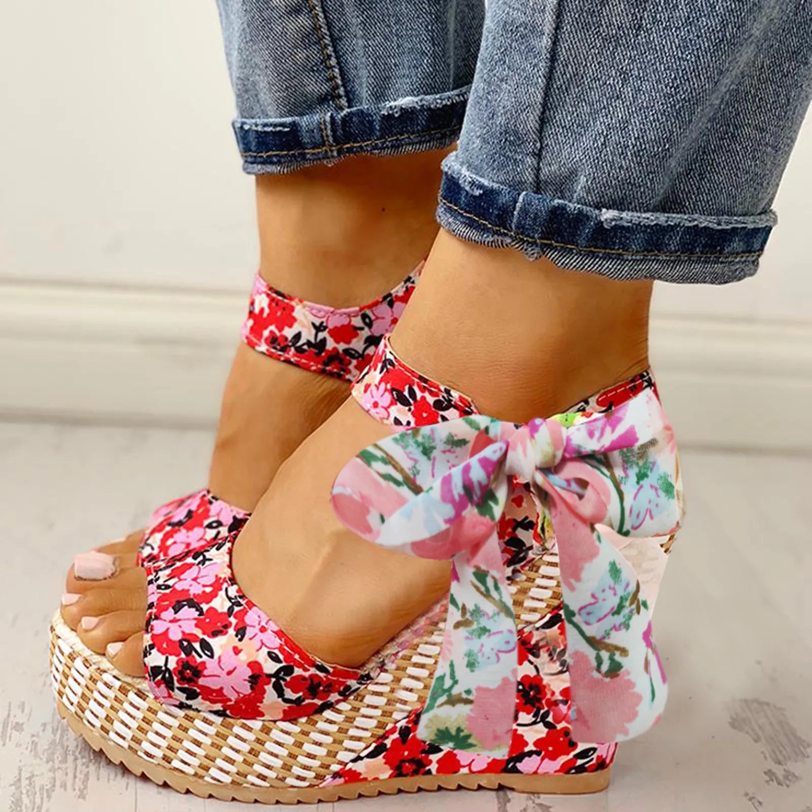 Sandales Compensées Imprimé Floral pour Femmes