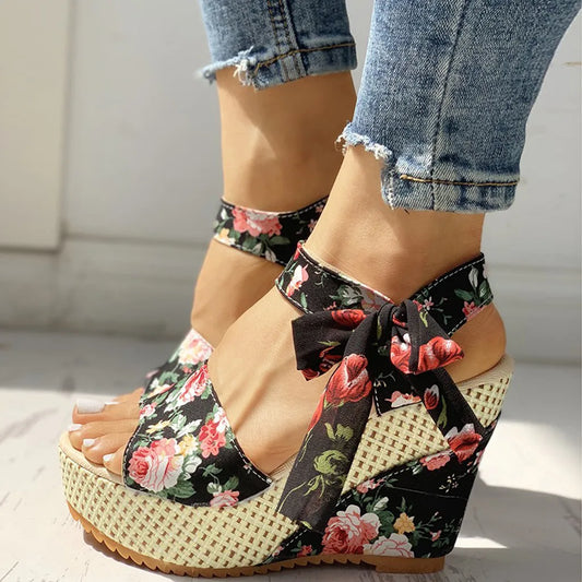 Sandales Compensées Imprimé Floral pour Femmes