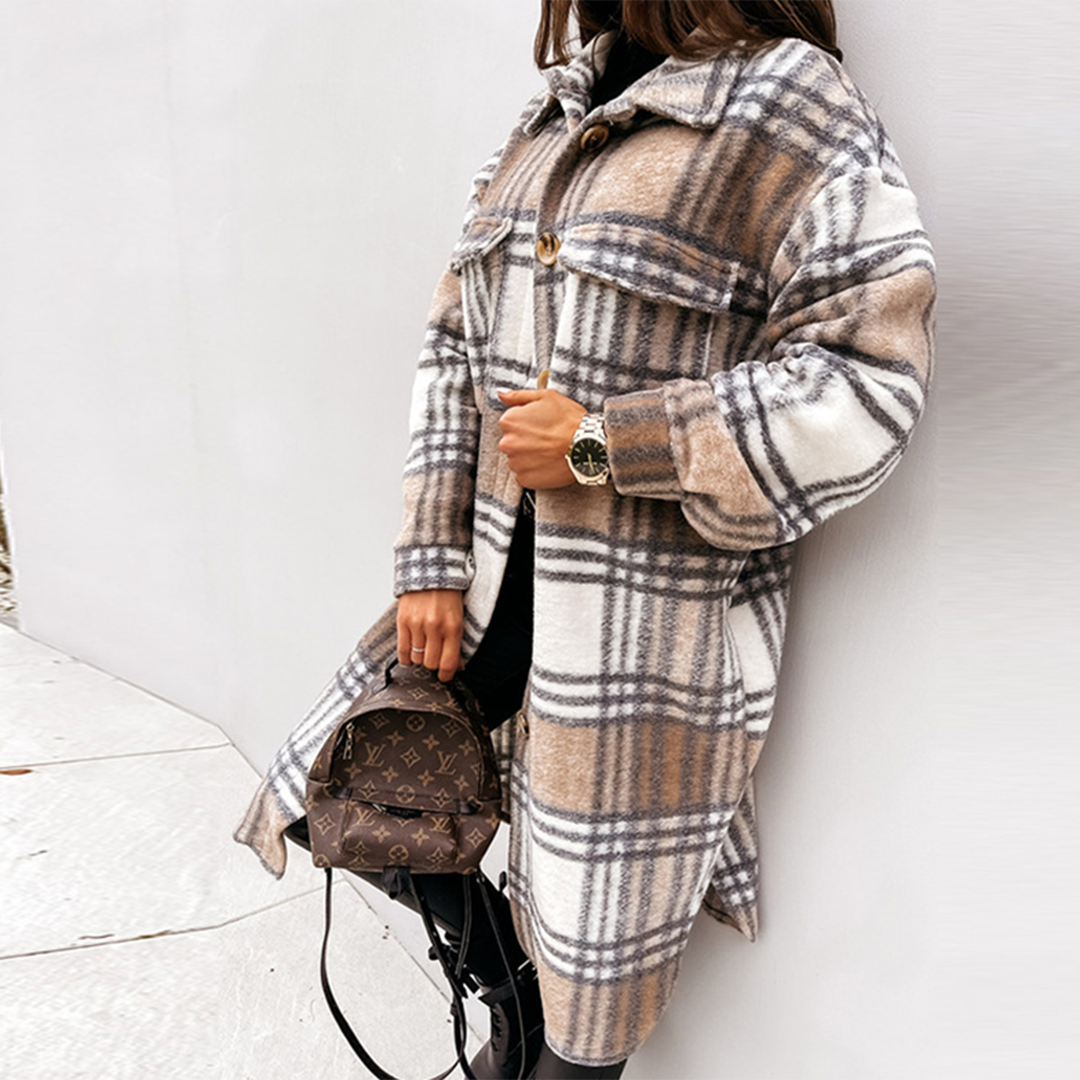 Manteau Long à Carreaux pour Femmes