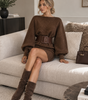 Robe Pull Courte en Maille Ceinturée à Manches Bouffantes pour Femme