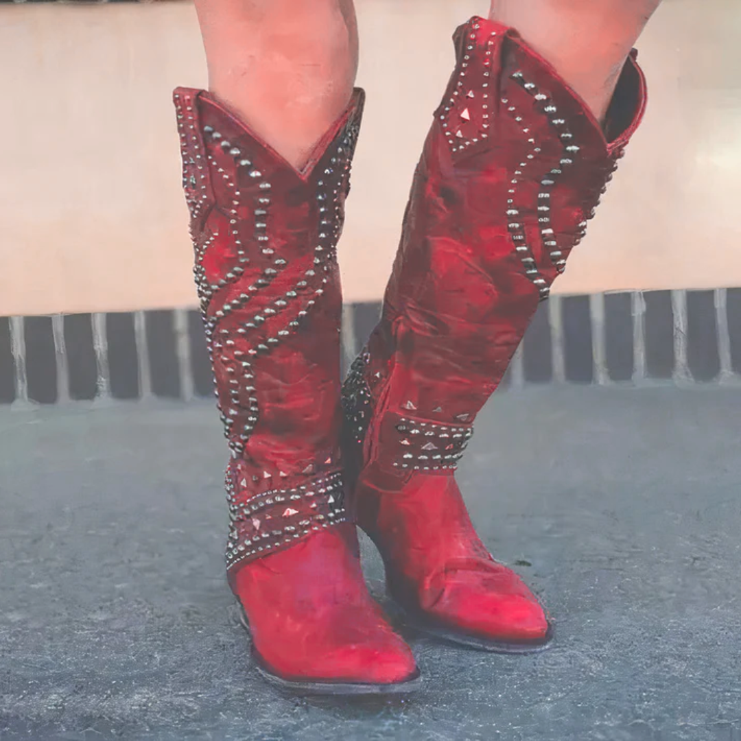 Bottes de Cowboy Cloutées à Talon Épais pour Femmes