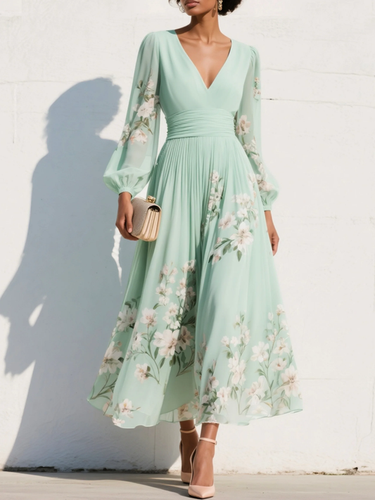 Robe Midi Plissée à Imprimé Floral et Encolure en V pour Femmes