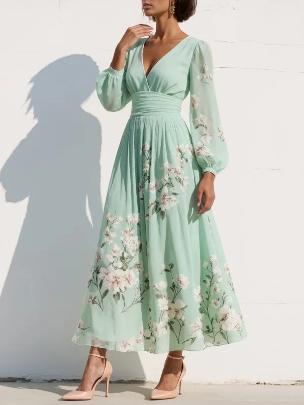 Robe Midi Plissée à Imprimé Floral et Encolure en V pour Femmes
