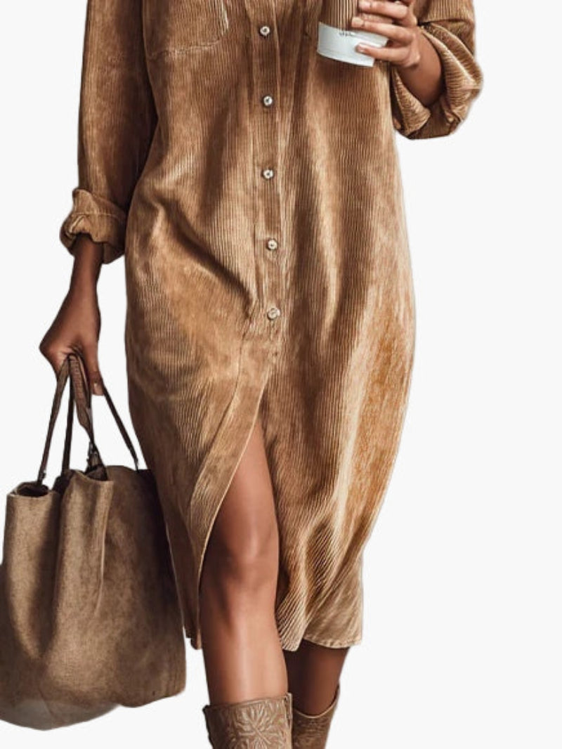 Robe Chemise en Velours Côtelé Mi-Longue pour Femme | Idéale pour le Quotidien