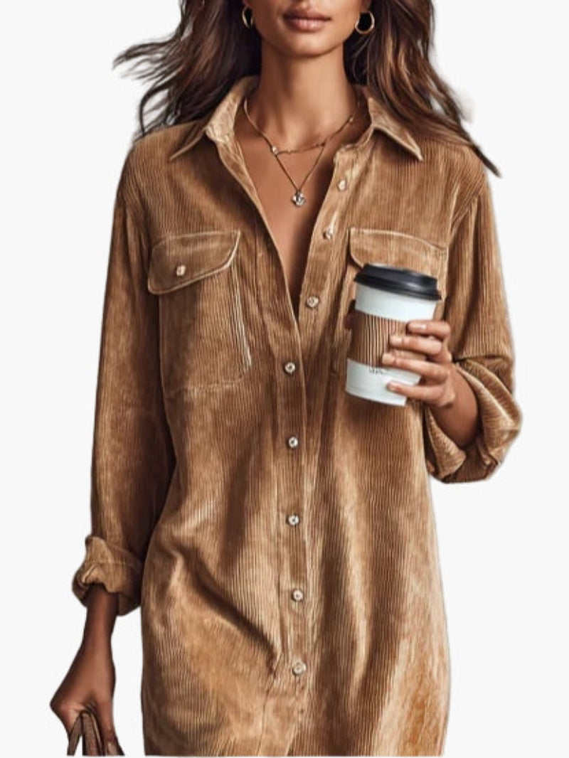 Robe Chemise en Velours Côtelé Mi-Longue pour Femme | Idéale pour le Quotidien