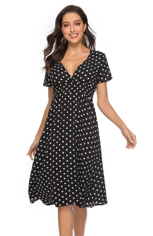 Robe A-ligne Décolleté en V à Pois pour Femmes