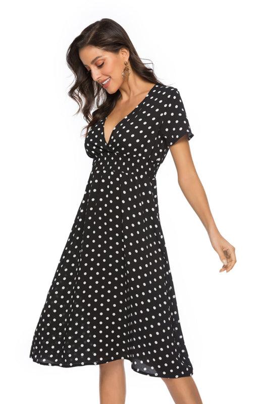 Robe A-ligne Décolleté en V à Pois pour Femmes